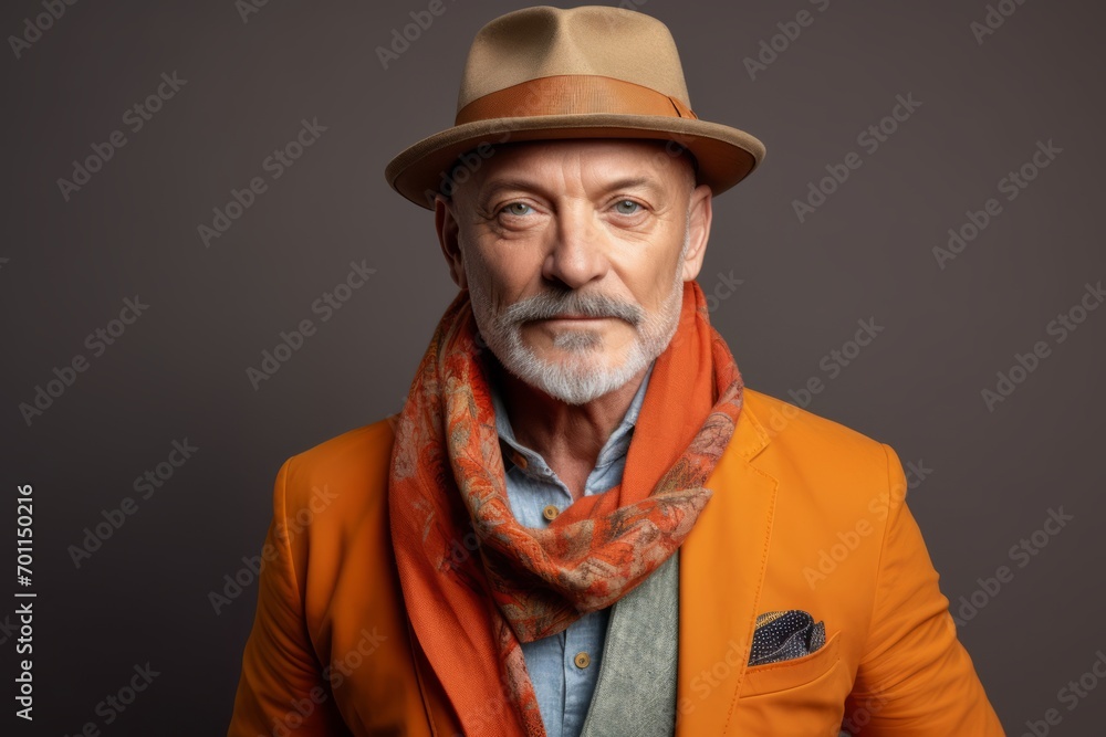 Portrait of an old man in a hat and orange jacket.