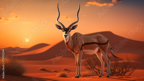 Antelope with long  twisted horns stands majestic in  desert at dusk.