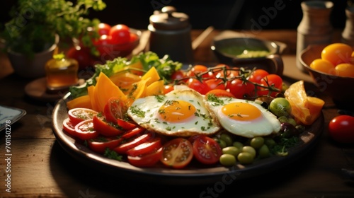 Hearty breakfast plate brims with vibrant, fresh ingredients.