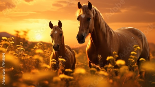 Horses stand amidst  field of golden flowers during  sunset.