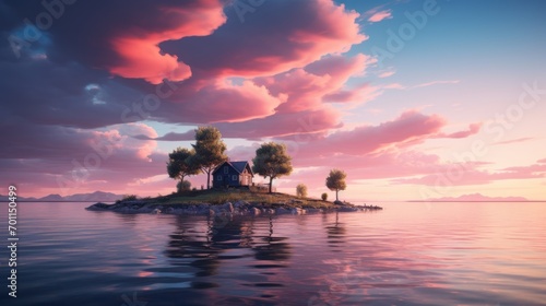 Lone house stands on tiny island bathed in sunset hues.