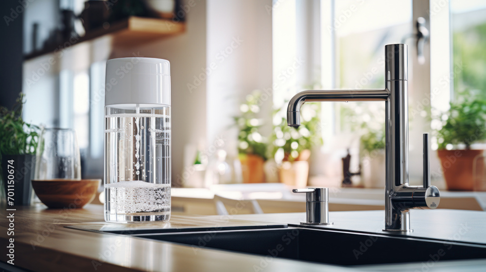 Modern water filtration system installed beneath kitchen counter. Modern water filtration system installed beneath kitchen counter.