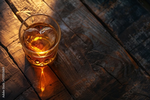 Glass of Whiskey with Ice Heart on Rustic Wooden Table