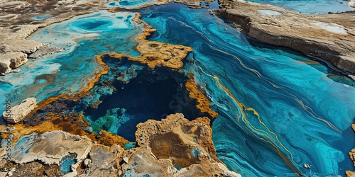 Vibrant Aerial View of Blue Lagoons and Golden Rocks