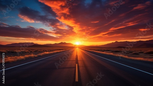 Open road stretches towards dramatic sunset.