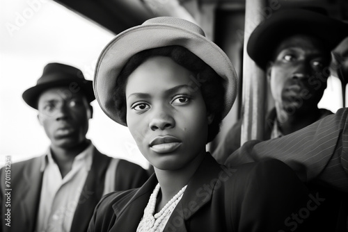 A vintage black and white photo of Caribbean citizens arriving on a boat to the UK after the war © ink drop