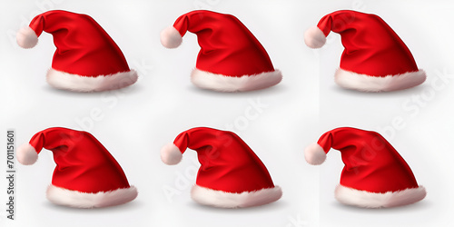 Santa Claus Christmas six red Hat Set and New Year design element of traditional costume Party fur traditional velvet Hat Isolated on White Background Winter Cap.AI Generative