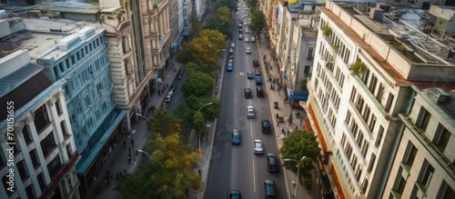 Aerial view of streets and high-rise buildings in the city center.