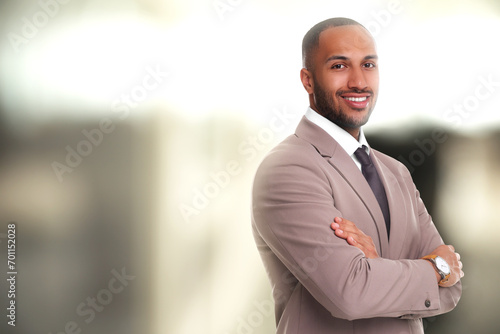 Lawyer, consultant, business owner. Confident man smiling indoors, space for text