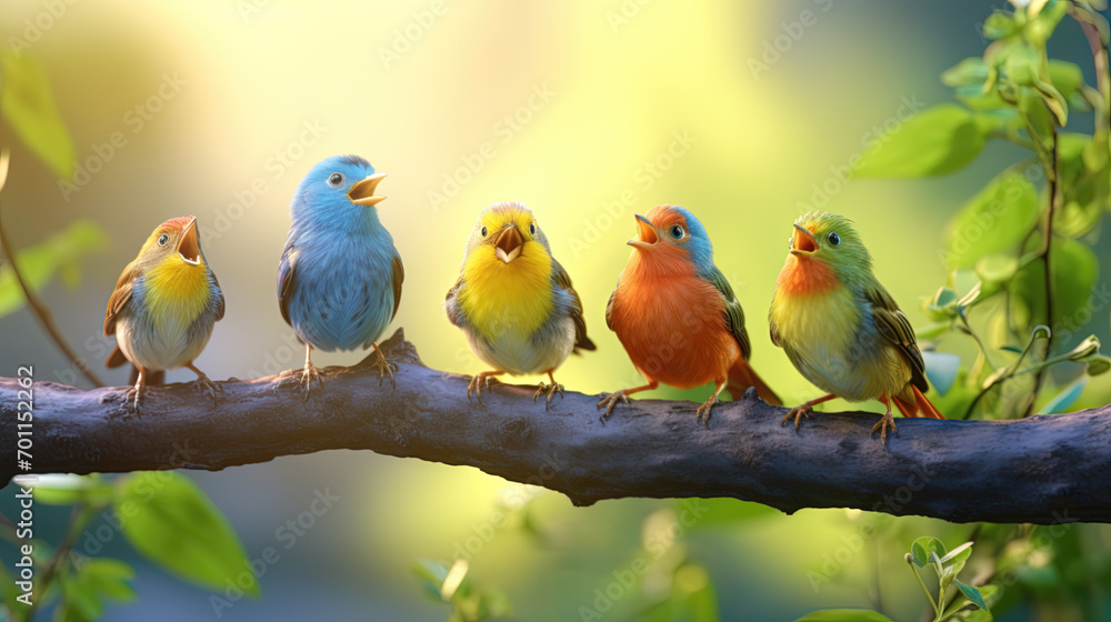 Funny birds on a twig on a springtime morning Funny birds on a twig on a springtime morning