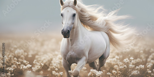 Glacial white horse on a spring background  in a field of pastel flowers  mane blowing in the wind