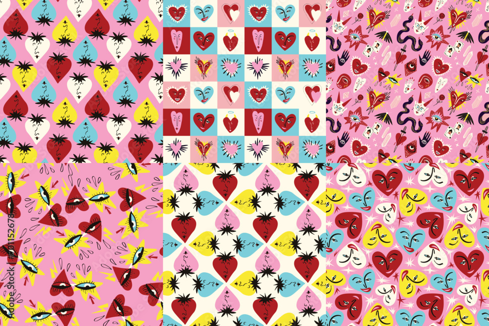 Vibrant and cool funny patterns for Valentine's Day. Seamless pattern with cool playful love hearts Vibrant and cool funny patterns for Valentine's Day. Seamless pattern with cool playful love hearts