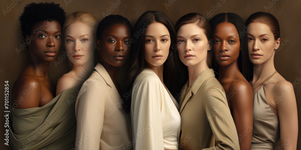 Several women posing together, in the style of feminine beauty, multicultural. multiracial Several women posing together, in the style of feminine beauty, multicultural. multiracial