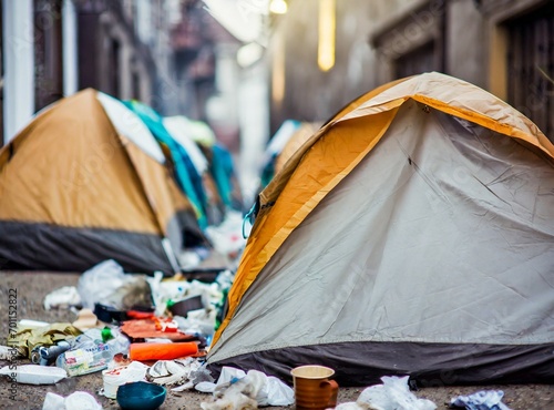 Tents on the streets, surrounded by trash. Poverty and indigence concept.