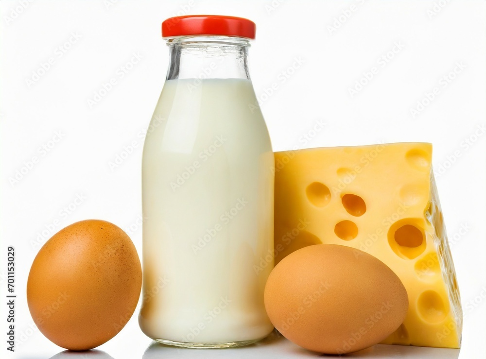 Bottle of milk, eggs and cheese isolated on white background Bottle of milk, eggs and cheese isolated on white background