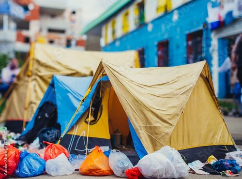 Tents on the streets, surrounded by trash. Poverty and indigence concept. © D'Arcangelo Stock