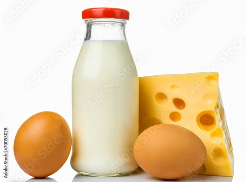 Bottle of milk, eggs and cheese isolated on white background
