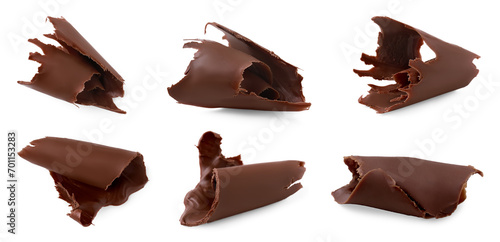 Many chocolate curls isolated on white, collection