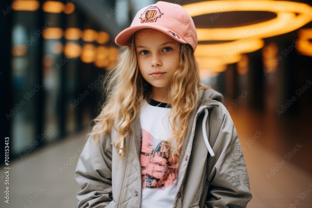 portrait of a beautiful little girl in a pink cap on the street