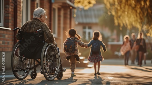 An Elderly Man in a Wheelchair and Young Girls Walking Hand in Hand at Sunset.