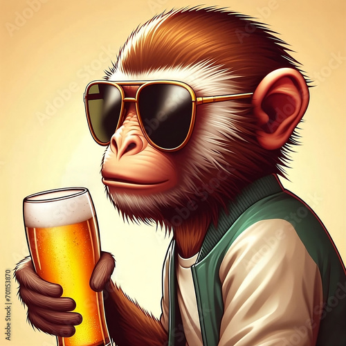 Mono con gafas de sol tomando una cerveza