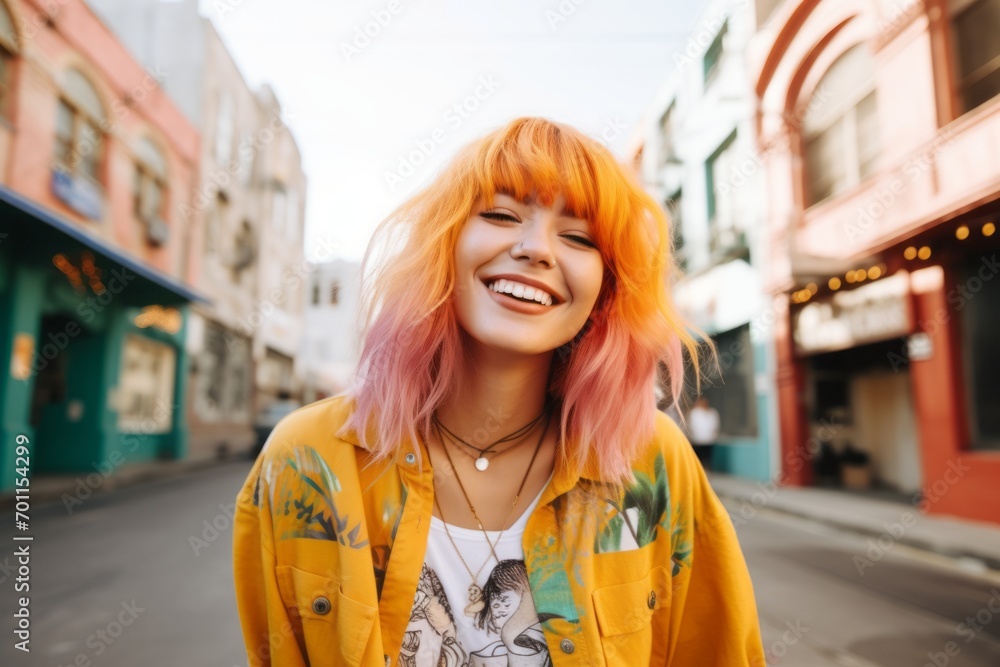 Portrait of a beautiful young woman with pink hair on the street Portrait of a beautiful young woman with pink hair on the street