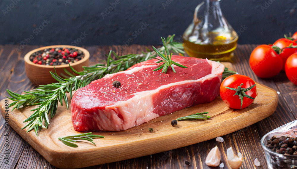 Raw uncooked meat steak striploin new york on a wooden board with tomatoes and rosemary, side view, horizontal Raw uncooked meat steak striploin new york on a wooden board with tomatoes and rosemary, side view, horizontal