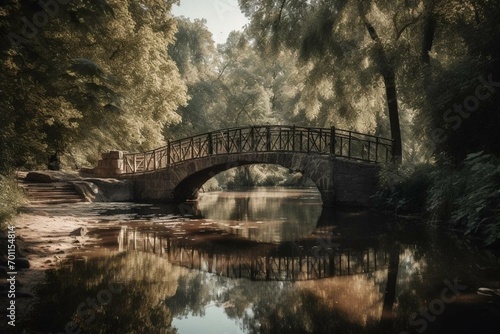 A bridge crossing a body of water in a park. Generative AI
