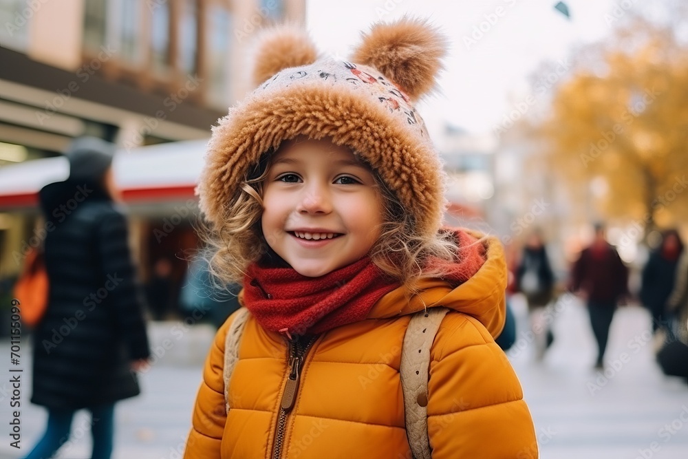 Portrait of cute little girl in hat and scarf on the street Portrait of cute little girl in hat and scarf on the street