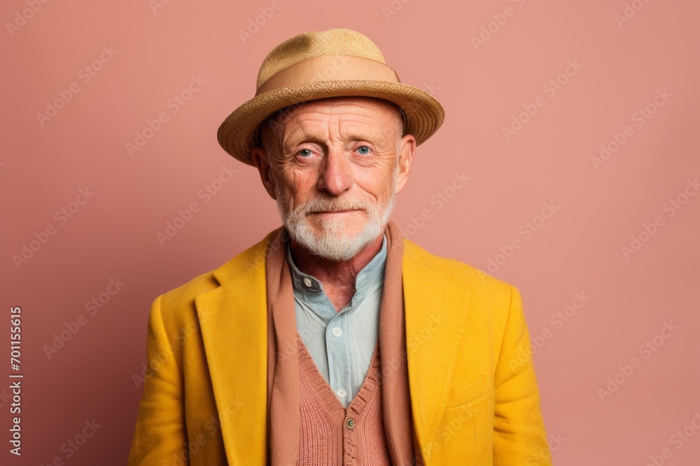 Portrait of a senior man with hat and coat on a pink background. Portrait of a senior man with hat and coat on a pink background.