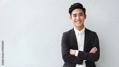Portrait of smiley business asian man with white wall background 