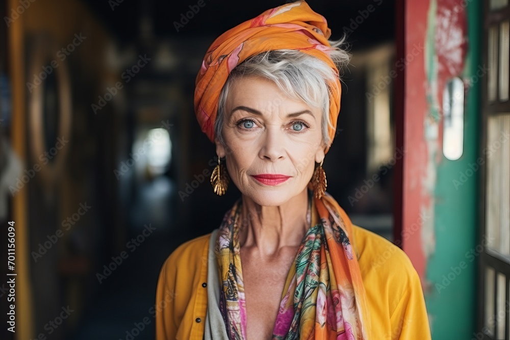 Portrait of mature woman with scarf on head looking at camera in cafe