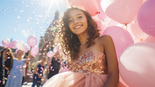 Happy 15 year old girl celebrating her Quinceanera with balloons photo