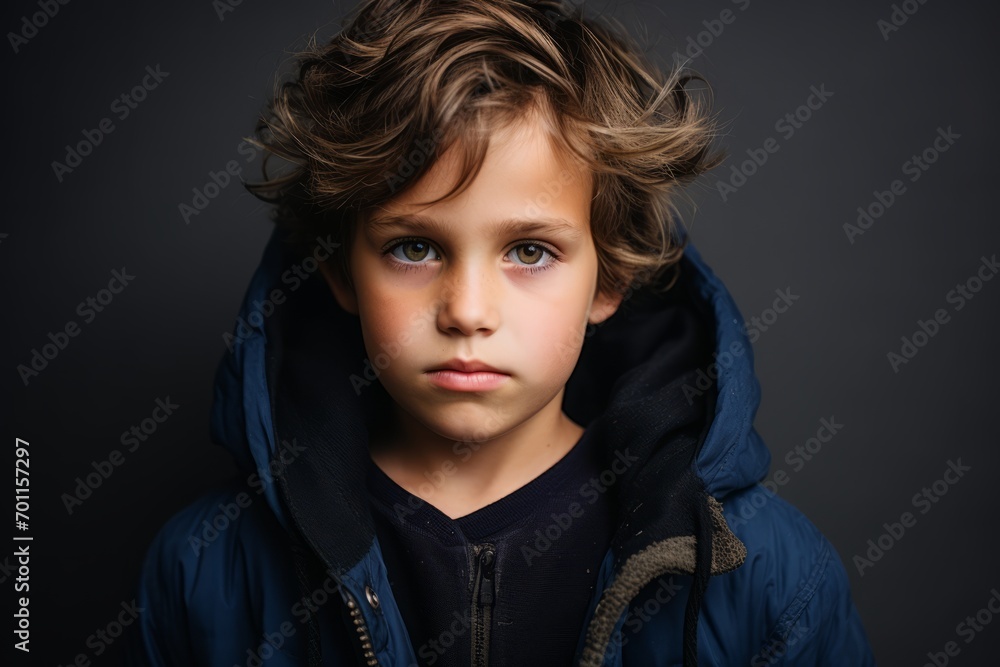 Portrait of a cute little boy in a blue jacket on a dark background Portrait of a cute little boy in a blue jacket on a dark background