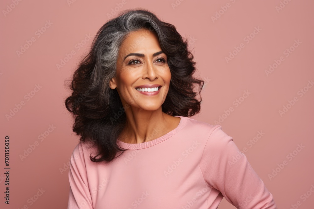 Portrait of smiling mature woman in pink sweater, over pink background Portrait of smiling mature woman in pink sweater, over pink background