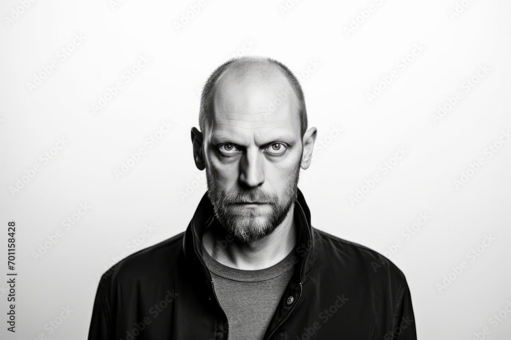 Black and white portrait of a bald man with a beard and mustache Black and white portrait of a bald man with a beard and mustache