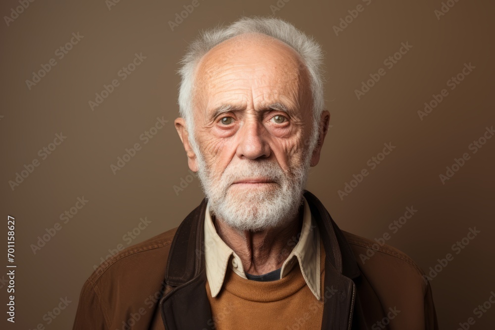 Portrait of a senior man with white beard and brown jacket. Studio shot. Portrait of a senior man with white beard and brown jacket. Studio shot.