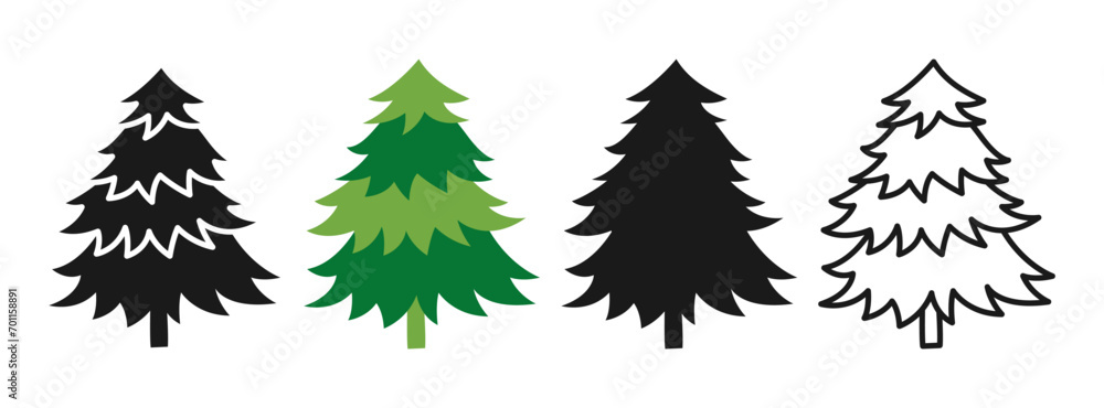 Christmas tree symbol cartoon and doodle, stamp stylized set. New Year xmas traditional stylized pine design for greeting card, invitation, banner, poster. Christmas trees abstract hand drawn vector