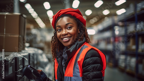 Black woman working in a warehouse, smiling happy to work