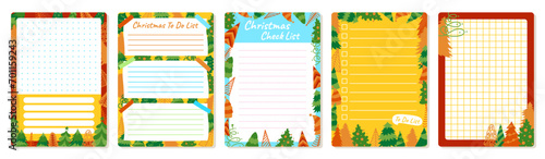 Notepaper lined or grid Notepad set with Christmas tree design. Weekly daily planner, note paper, to do list page collection. Stationery copybook frame with xmas pine. Isolated vector illustration