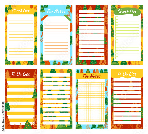 Notepaper lined or grid Notepad set with Christmas tree design. New Year schedule planner, note paper, to do list page sticker collection. Stationery copybook frame with xmas pine vector illustration