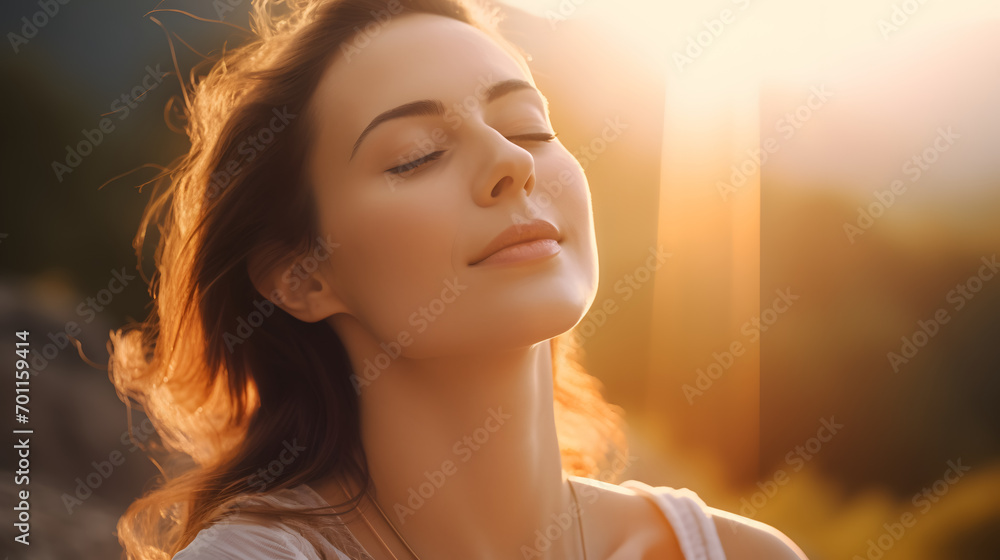 Relaxed woman meditating in the morning, inhaling the revitalizing breath of fresh air. Relaxed woman meditating in the morning, inhaling the revitalizing breath of fresh air.