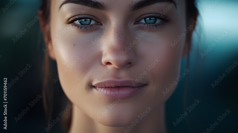 Close-up shot of a tranquil woman immersed in morning meditation, absorbing the rejuvenating embrace of the fresh morning air.