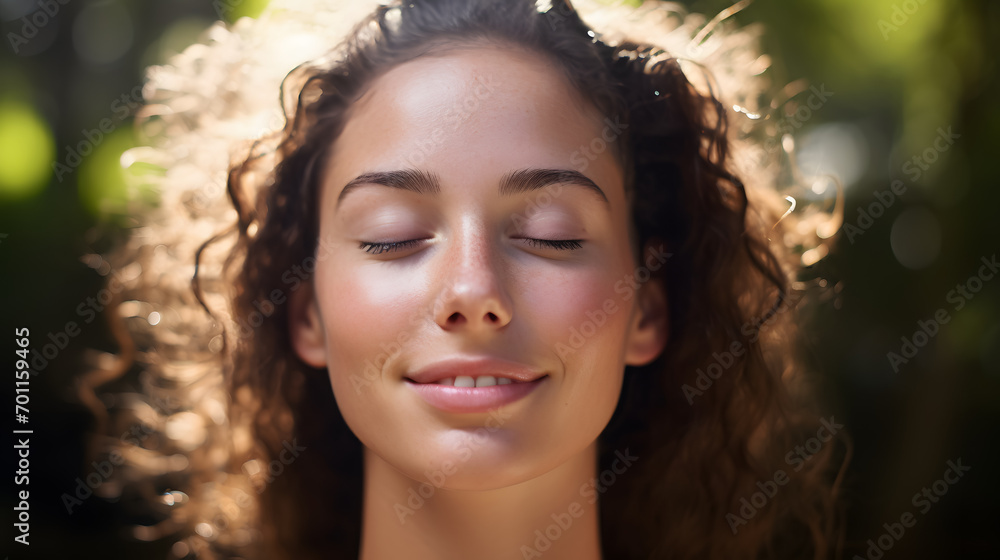 A close look at a serene Latina woman in the midst of morning meditation, embracing the fresh, invigorating air. A close look at a serene Latina woman in the midst of morning meditation, embracing the fresh, invigorating air.