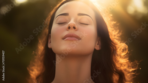 Detailed shot of a calm woman engaged in morning meditation, savoring the pure and fresh morning breeze.