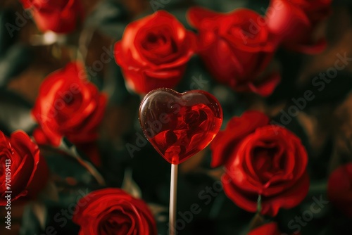 Cinematic  Overhead shot of a heart-shaped lollipop amidst a bouquet of roses  symbolizing love