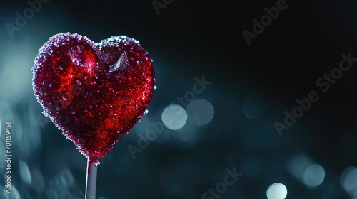 Cinematic, Side-view shot of a heart-shaped lollipop with sparkling sugar crystals, against a dark background --ar 16:9 --style raw --stylize 50 --v 6 Job ID: 8e0b2212-2b74-4297-9334-0927249ff64b