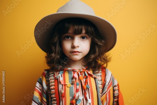 Portrait of a cute little girl in a hat on a yellow background