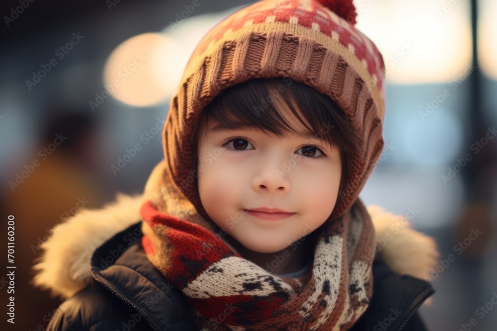 Portrait of a cute little boy on the street at winter time Portrait of a cute little boy on the street at winter time