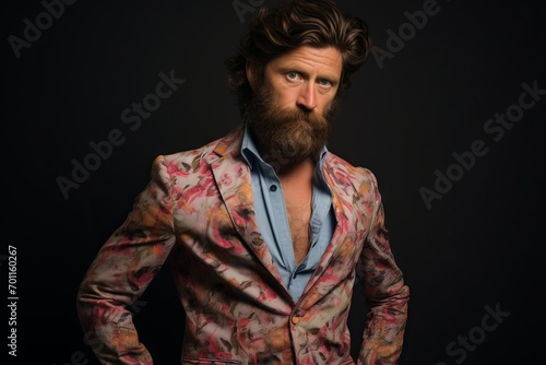 Bearded man, long beard. Brutal caucasian hipster with moustache and moustache in jacket on black studio background
